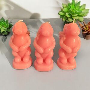 Vintage Pink Wax Easter Rabbit Bunny Candles 4” Tall Set Of 3 With Backpack